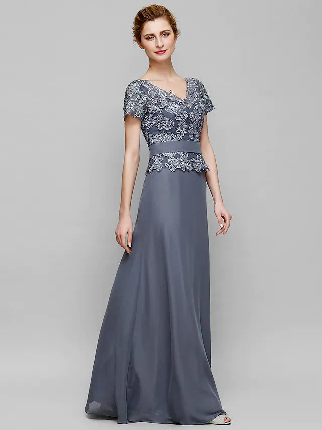Wholesale Mother of the Bride Dress Elegant V Neck Floor Length Chiffon Lace Short Sleeve with Lace